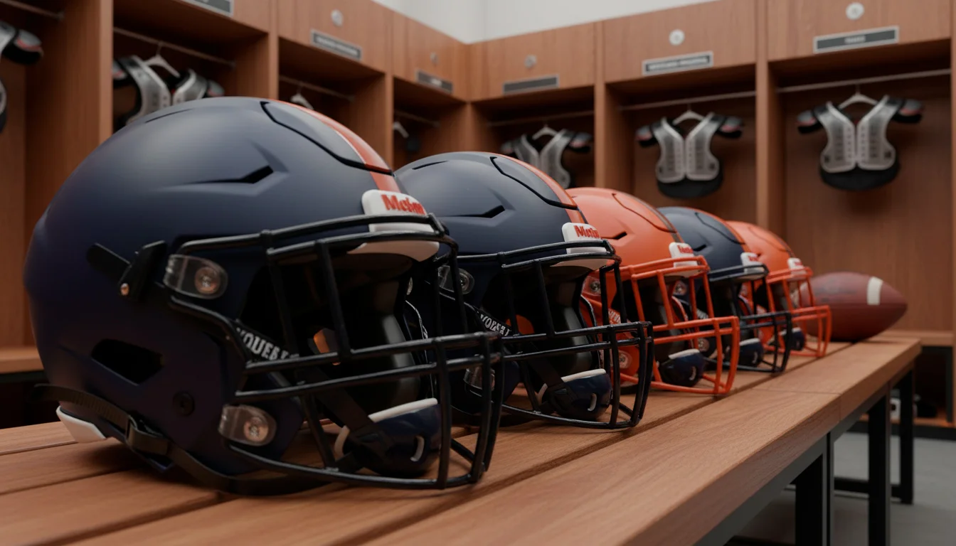Cascos de fútbol americano universitario alineados en un vestuario antes de un partido NCAAF