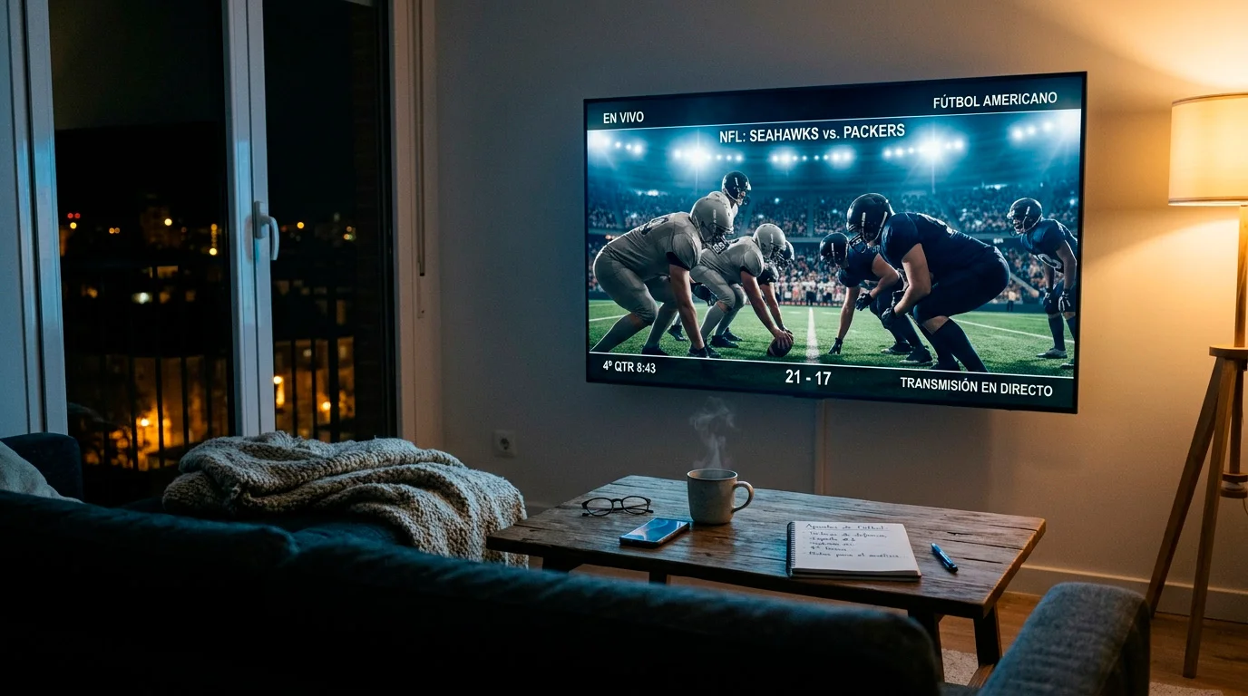 Salón con televisión encendida mostrando un partido de college football un sábado por la noche en España